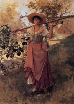 Girl with Rake Artwork by Frank Duveneck