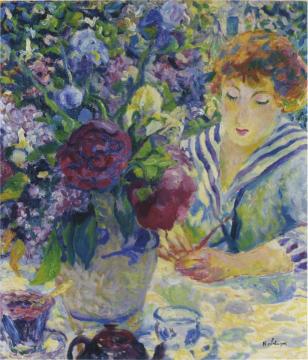 Woman with a vase of flowers Artwork by Henri Lebasque