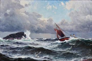 Boat In Stormy Seas Artwork by Lauritz Haaland