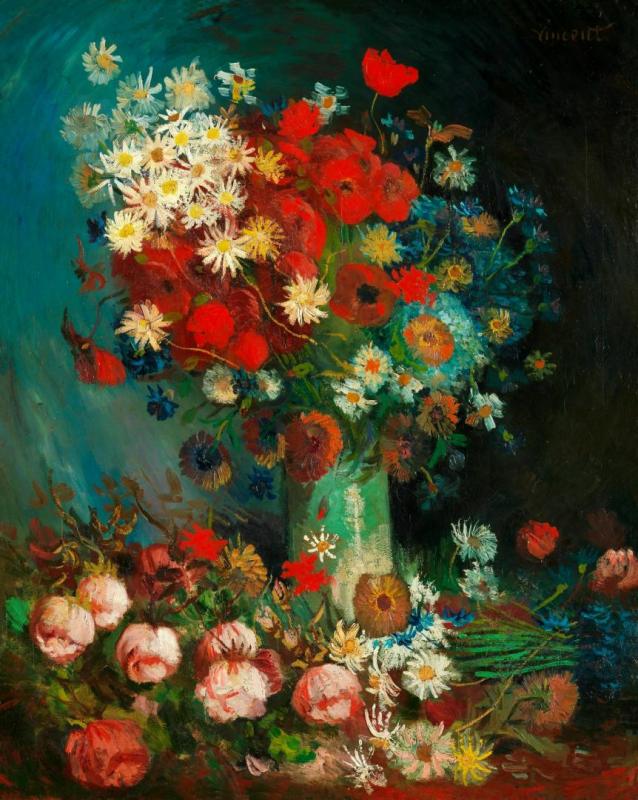Vase With Poppies, Cornflowers, Peonies And Chrysanthemums, 1887 Artwork by Vincent Van Gogh