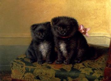 Two chow pups seated on a chair in an interior Artwork by Horatio Henry Couldery