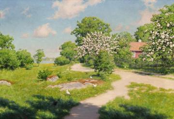Cabin with blooming fruit trees Artwork by Johan Krouthén