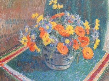 A still life of summer flowers in a pottery bowl on a table Artwork by James Bolivar Manson