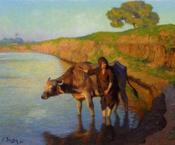 Young Girl With A Bull Artwork by Ludwig Deutsch