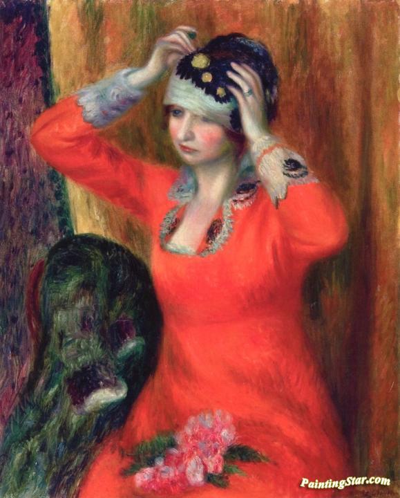 Girl in Red Dress Pinning on Hat Artwork by William James Glackens