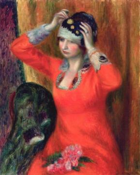 Girl in Red Dress Pinning on Hat Artwork by William James Glackens