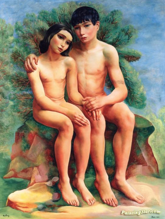Seated Couple Artwork by Moise Kisling