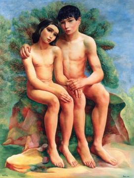 Seated Couple Artwork by Moise Kisling