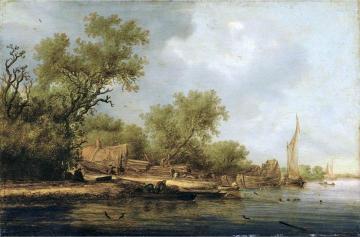 A River Landscape With Boatbuilders Artwork by Salomon van Ruysdael