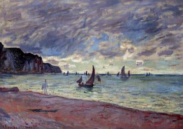 Fishing Boats by the Beach and the Cliffs of Pourville Artwork by Claude Oscar Monet