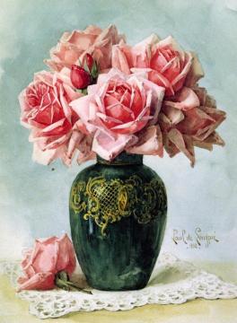 Vase with Pink Roses Artwork by Raoul de Longpre