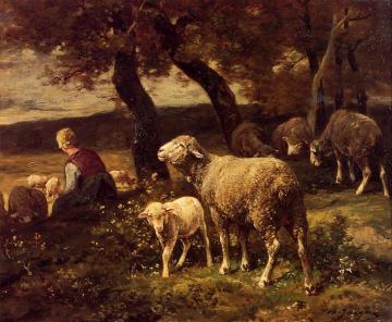 Shepherdess And Sheep Artwork by Charles-Émile Jacque