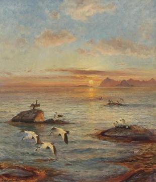 Eider Ducks in the Midnight Sun Artwork by Thorolf Holmboe