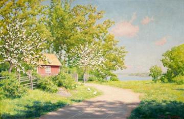 Cottage with blooming fruit trees Artwork by Johan Krouthén