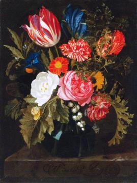Still Life of Roses, Carnations, a Tulip and Other Flowers in a Glass Vase Artwork by Maria van Oosterwijck