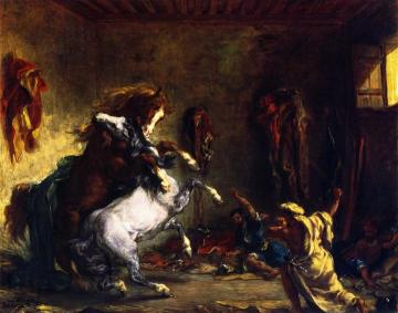 Horses Fighting in a Stable Artwork by Eugène Delacroix