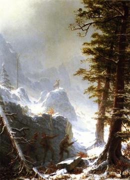 Three Hunters Stalking A Big Horn Sheep In A Snow Squall Artwork by Albert Bierstadt