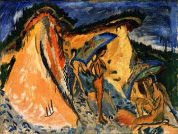 Fehmarn Dunes with Bathers under Japanese Umbrellas Artwork by Ernst Ludwig Kirchner