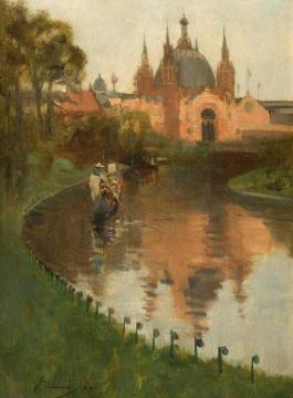 View From The Canal Of The Industrial Hall, Kelvingrove, At The First International Exhibition Artwork by Sir John Lavery