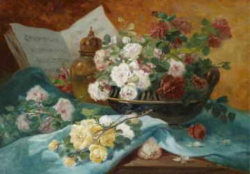 Still life with roses, vase and music book Artwork by Eugene Henri Cauchois