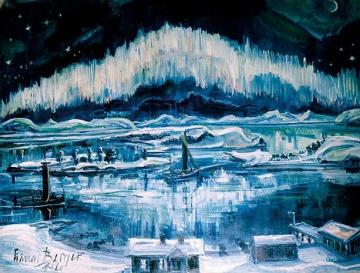Northern Lights over Fishing Village Artwork by Einar Halvdan Berger