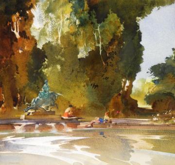 Two Models By A Fountain Artwork by Sir William Russell Flint