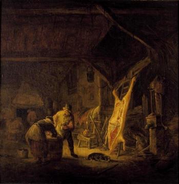 A Barn Interior with Peasants Standing before a Hog Carcass Artwork by Isaac van Ostade
