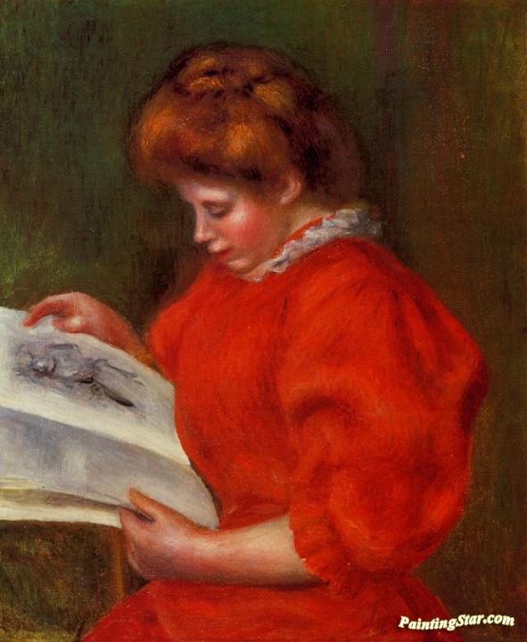 Young Woman Looking at a Print Artwork by Pierre Auguste Renoir