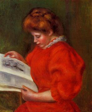 Young Woman Looking at a Print Artwork by Pierre Auguste Renoir