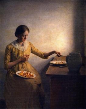 A Young Girl Preparing Chanterelles Artwork by Peter Ilsted