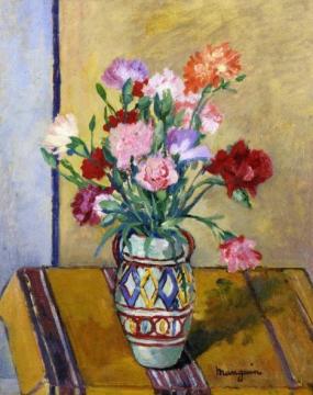 Vase Of Carnations With A Yellow Tablecloth Artwork by Henri Manguin