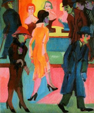 Street Scene in front of a Barbershop Artwork by Ernst Ludwig Kirchner