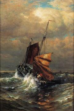 French Lugger Reefing Sail Artwork by Harry Aiken Chase