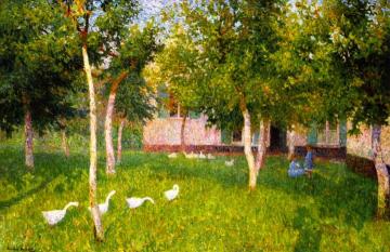 Geese in a Garden with Two Children Artwork by Leon De Smet