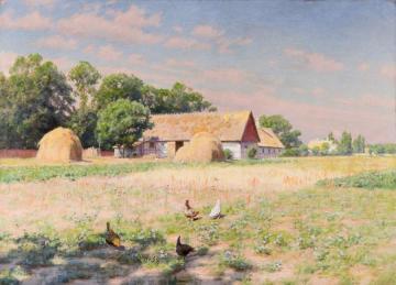 Sunlit farm with pecking hens Artwork by Johan Krouthén