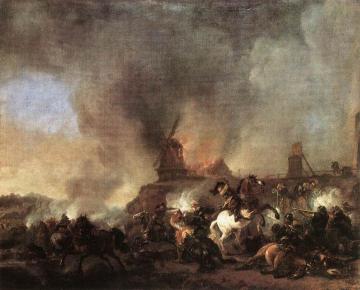 Cavalry Battle in front of a Burning Mill Artwork by Philips Wouwermans
