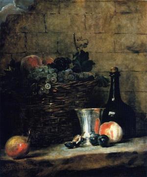 Basket Of White And Red Grapes, With Silver Goblet, Bottle, Peaches, Plums And A Pear Artwork by Jean-Baptiste-Simeon Chardin