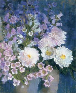 Hollyhocks and Dahlias Artwork by Laura Coombs Hills