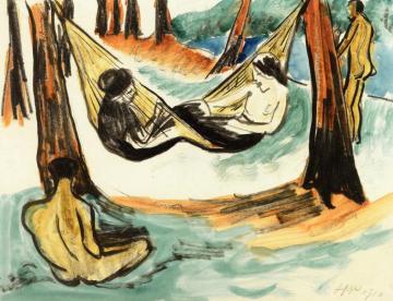 Two Girls In The Hammock Vii (with Seated Male Nude) Artwork by Hermann Max Pechstein