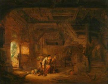 Interior of a Barn with an Old Woman at a Distaff Artwork by Isaac van Ostade