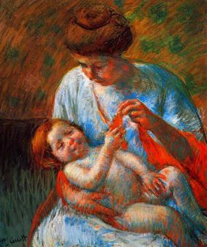 Baby Lying on His Mother's Lap, Reaching to Hold a Scarf Artwork by Mary Cassatt