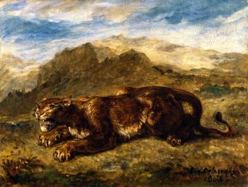 Lioness Ready to Spring Artwork by Eugène Delacroix