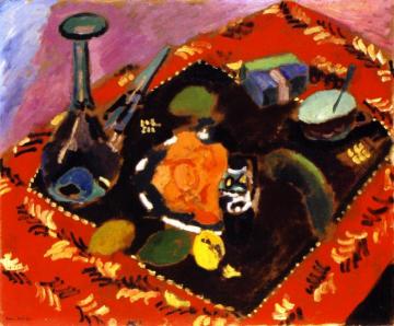 Dishes and Fruit on a Red and Black Carpet Artwork by Henri Matisse