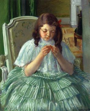 Françoise in Green, Sewing Artwork by Mary Cassatt