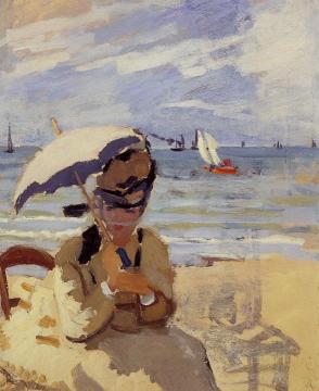 Camille Sitting on the Beach at Trouville Artwork by Claude Oscar Monet