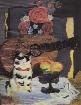 Guitar with Porcelain Cat and Fruit Bowl Artwork by Vladimir Lebedev