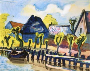 Fishing Village with Stork's Nest Artwork by Hermann Max Pechstein