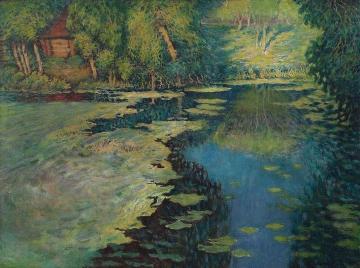 Small Arm of the River with the Red Cottage Artwork by Václav Radimský