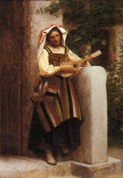 An Italian Girl Playing a Mandolin Artwork by Jean Leon Gerome