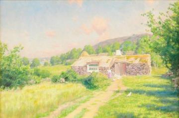 Sunlit summer landscape with girl and chickens Artwork by Johan Krouthén